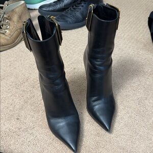 Balmain Black Leather Ankle Booties with Gold Buckles